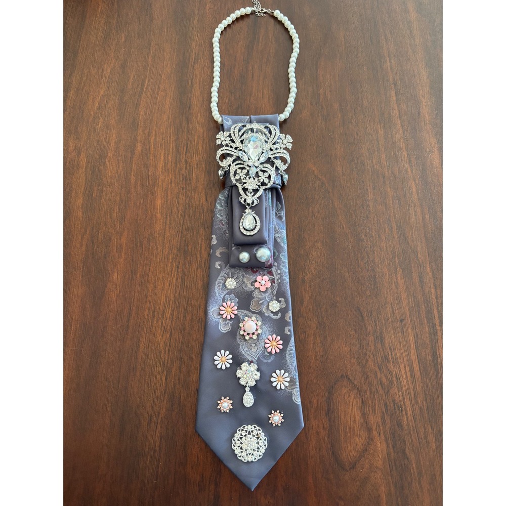Windridge Upcycled Necktie Necklace Grey Paisley Crystal Pearl Floral Statement